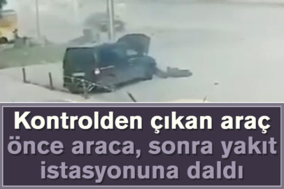 Kontrolden çıkan araç önce araca, sonra yakıt istasyonuna daldı